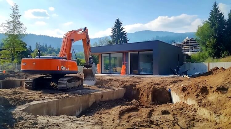 Excavateur creusant des fondations pour une belle maison