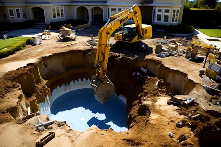 L'excavatrice creuse un trou pour une piscine