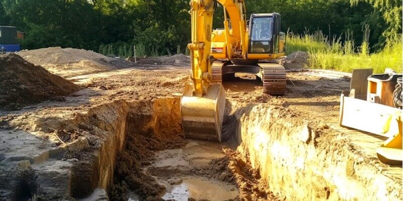 Une excavatrice creuse une piscine