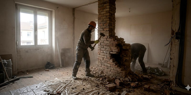 démolition d'une cheminée à l'intérieur