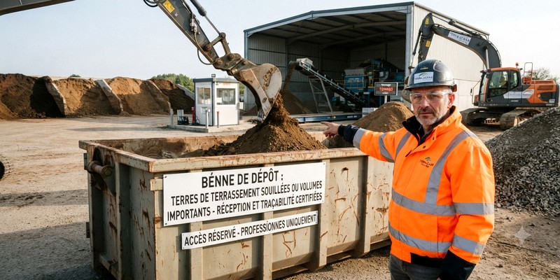 Mettre de la terre de terrassement dans la benne de dépôt