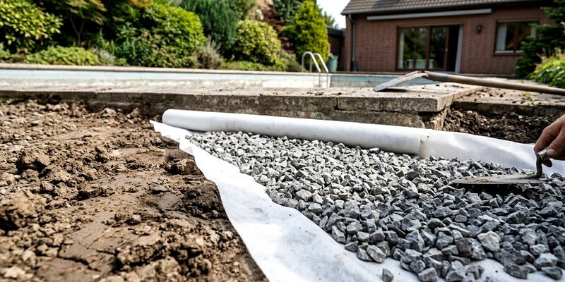 Mise en place des graviers dans la piscine